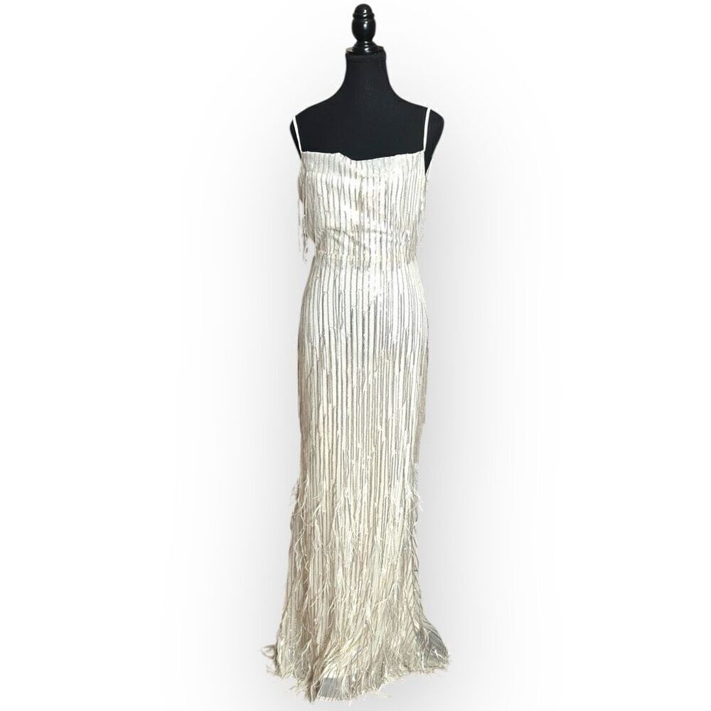 NWOT City Triangles Womens Feather & Sequin Embellished Maxi Dress Ivory Size XS